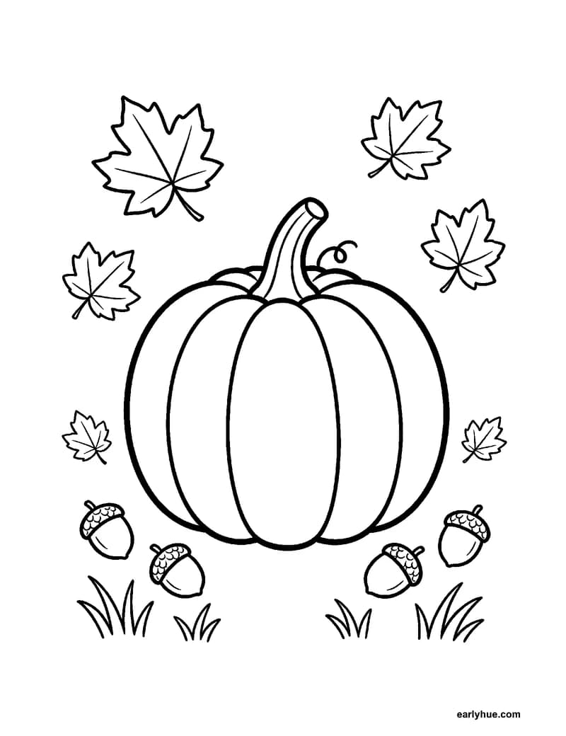 Black-and-white printable autumn pumpkin coloring page featuring original child-friendly autumn coloring page showing one large round autumn pumpkin with six.