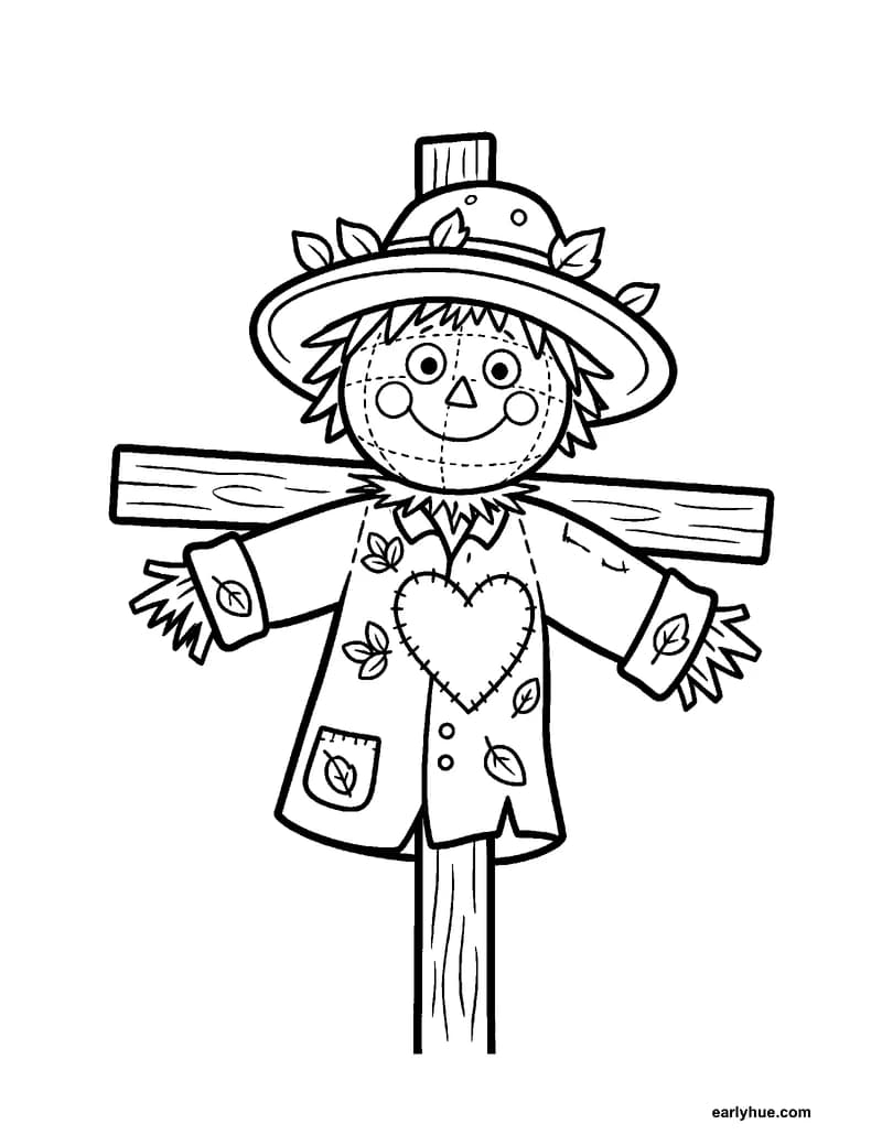Black-and-white printable autumn scarecrow coloring page featuring original child-friendly autumn coloring page showing one friendly autumn scarecrow on a.