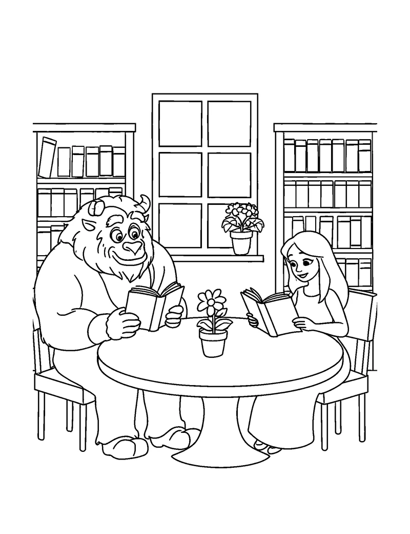 Black-and-white printable beauty and the beast castle library coloring page featuring original public-domain beauty and the beast scene: a gentle friendly.