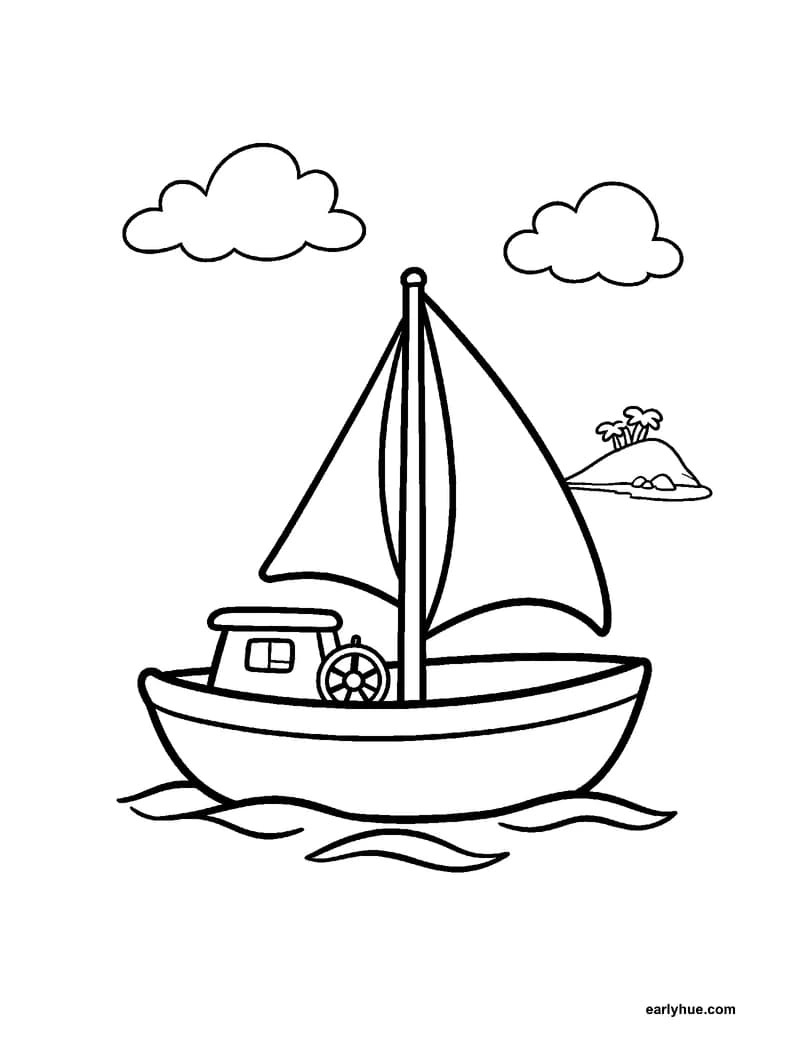 Black-and-white printable boat coloring page featuring one original friendly small sailboat gliding on calm water, with one broad hull, one mast, two large.