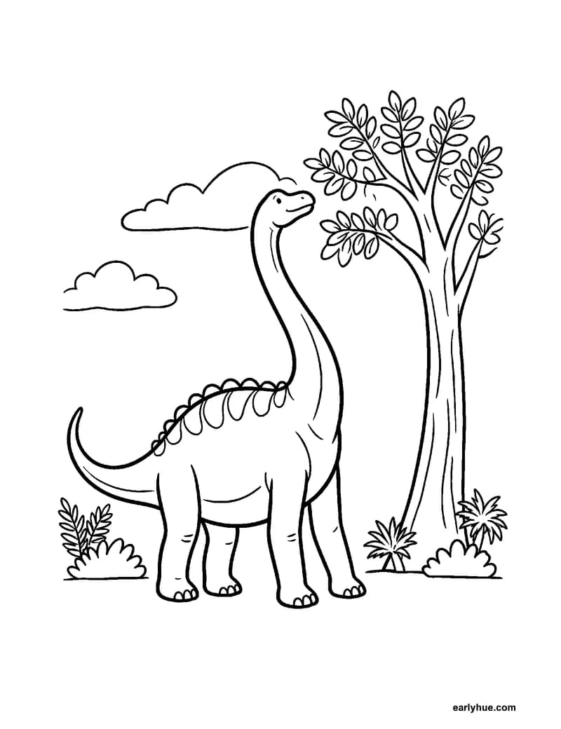 Black-and-white printable brachiosaurus coloring page featuring original child-friendly coloring page showing one calm brachiosaurus reaching toward a tall.