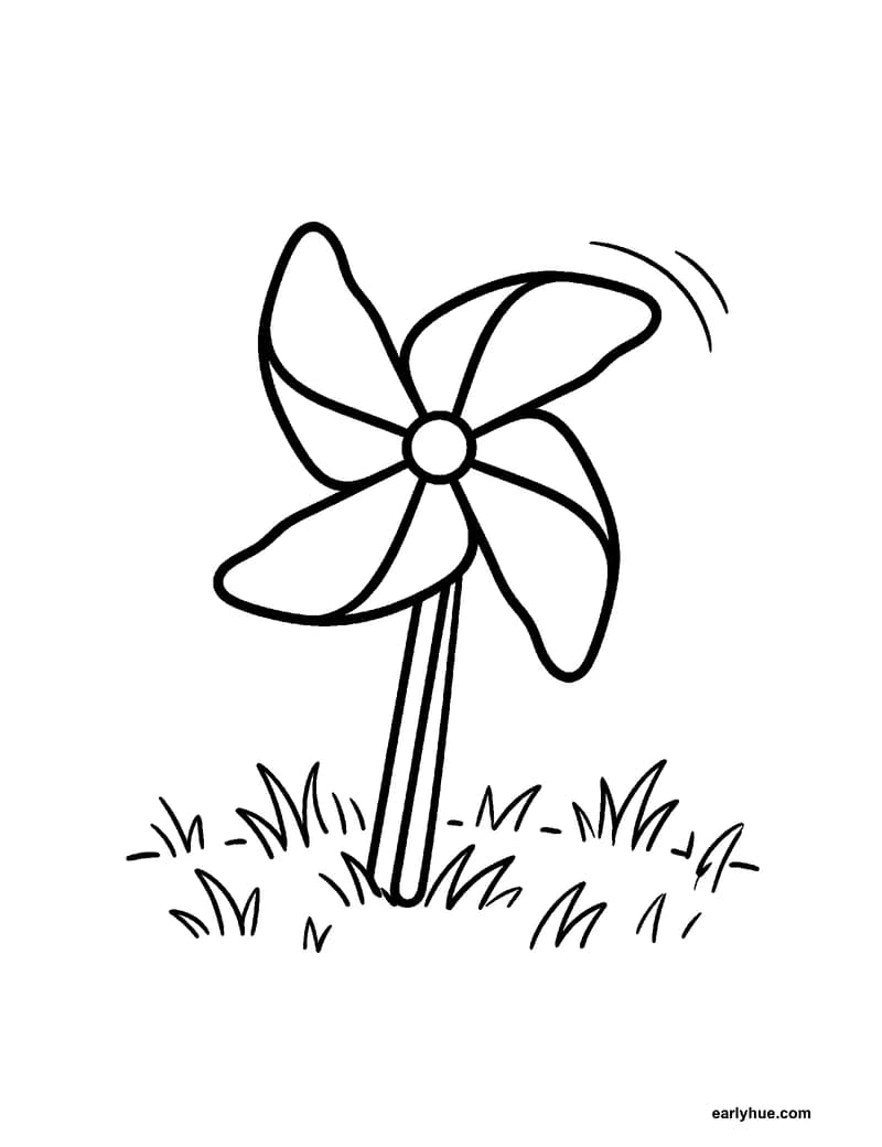 Black-and-white printable breezy pinwheel coloring page featuring original child-friendly coloring page showing one large four-blade pinwheel turning in a.