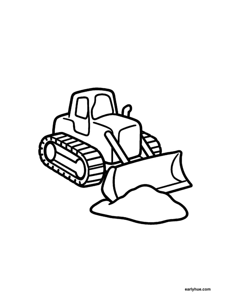 Black-and-white printable bulldozer coloring page featuring original child-friendly coloring page showing one sturdy bulldozer pushing a small mound with two.