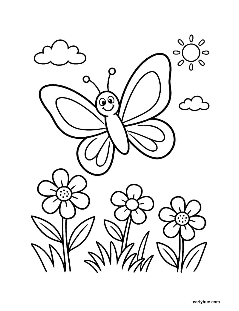 Simple butterfly animal coloring page with four large patterned wings