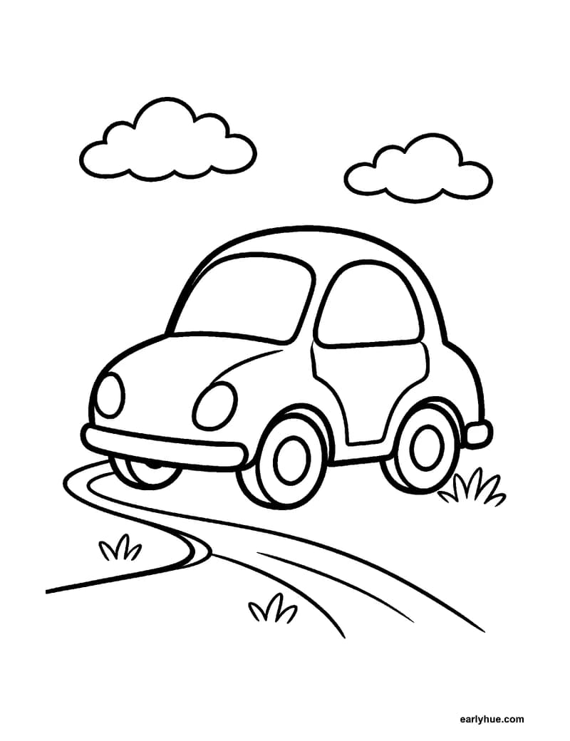 Black-and-white printable car coloring page featuring one original friendly compact car driving slowly on a simple curved road, with four clearly readable.