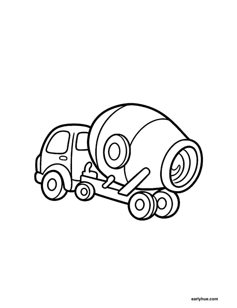 Black-and-white printable cement mixer coloring page featuring original child-friendly coloring page showing one original cement mixer truck on a worksite.