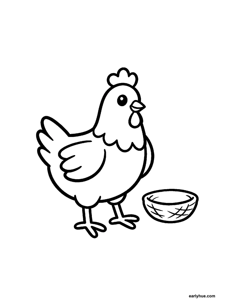 Black-and-white printable chicken coloring page featuring original child-friendly coloring page showing one friendly hen near a simple nest with a comb, beak.