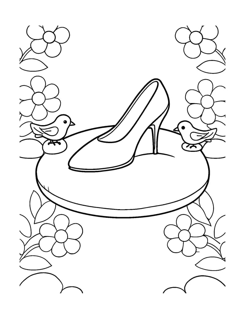 Black-and-white printable cinderella glass slipper coloring page featuring original public-domain cinderella scene: one elegant but simple glass slipper rests.