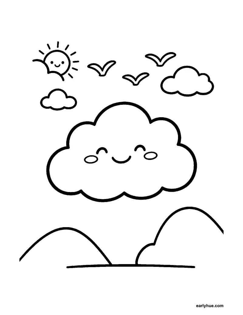 Friendly cloud coloring scene with smaller clouds, peeking sun, rolling hills, and flowers