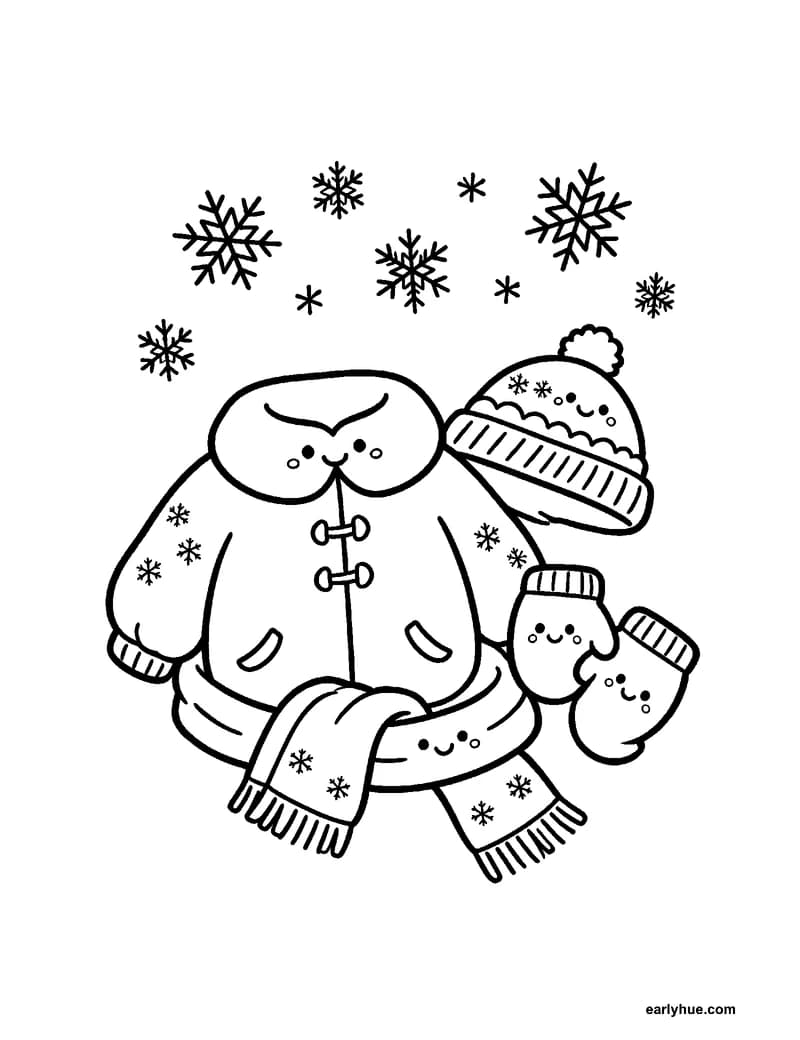 Black-and-white printable cold snowy day coloring page featuring original child-friendly coloring page showing one warm coat, scarf, hat and pair of mittens.
