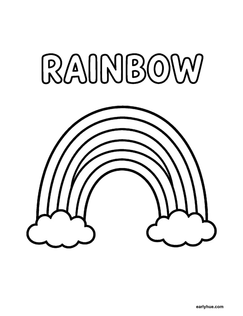 Black-and-white printable rainbow colors coloring page featuring original child-friendly coloring page showing one large hollow uppercase word rainbow beside.
