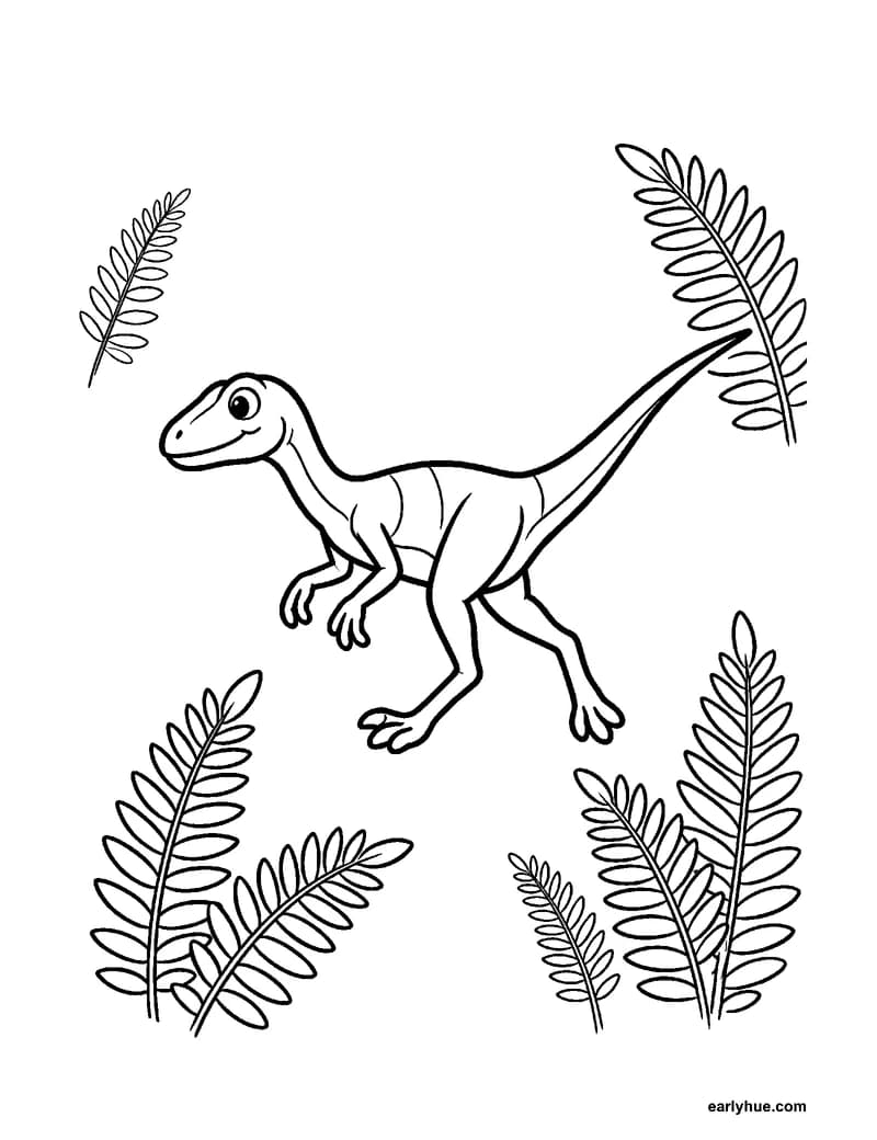 Black-and-white printable compsognathus coloring page featuring original child-friendly coloring page showing one small compsognathus running past ferns with.