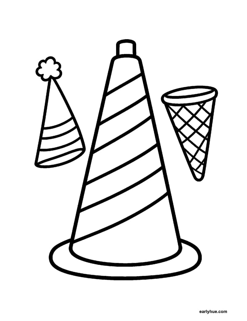 Black-and-white printable cone shape coloring page featuring original child-friendly coloring page showing one large upright cone beside a party hat and an.