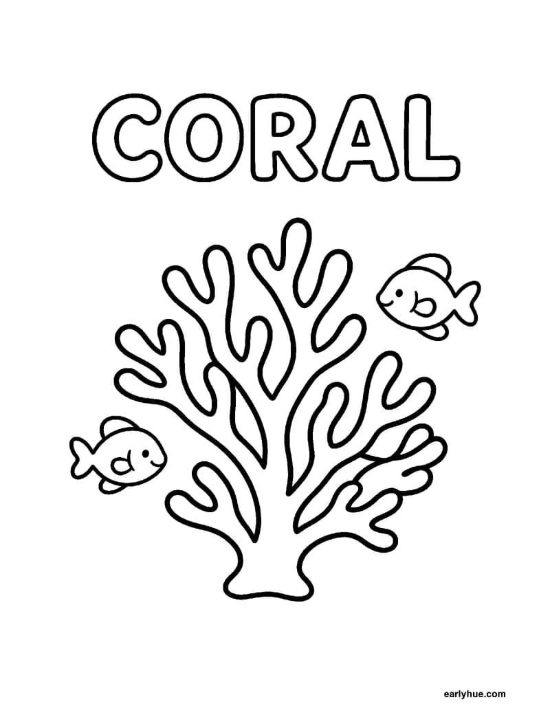 Black-and-white printable coral coloring page featuring original child-friendly coloring page showing one large hollow uppercase word coral beside one.