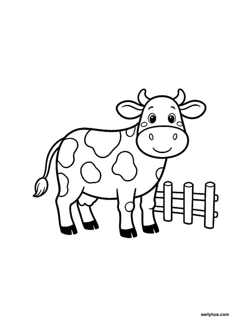 Black-and-white printable cow coloring page featuring original child-friendly coloring page showing one friendly cow standing beside a simple fence with clear.