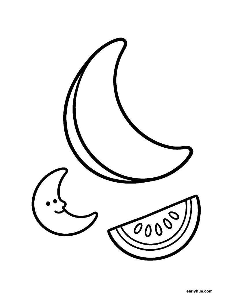 Black-and-white printable crescent shape coloring page featuring original child-friendly coloring page showing one large clean crescent shape beside a.