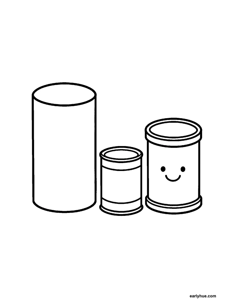 Black-and-white printable cylinder coloring page featuring original child-friendly coloring page showing one large upright cylinder beside a soup can with no.
