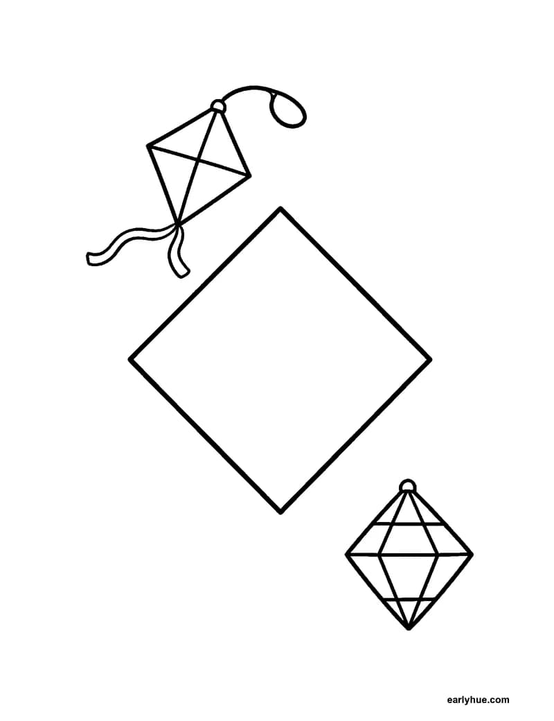 Black-and-white printable diamond shape coloring page featuring original child-friendly coloring page showing one large geometrically precise diamond shape.