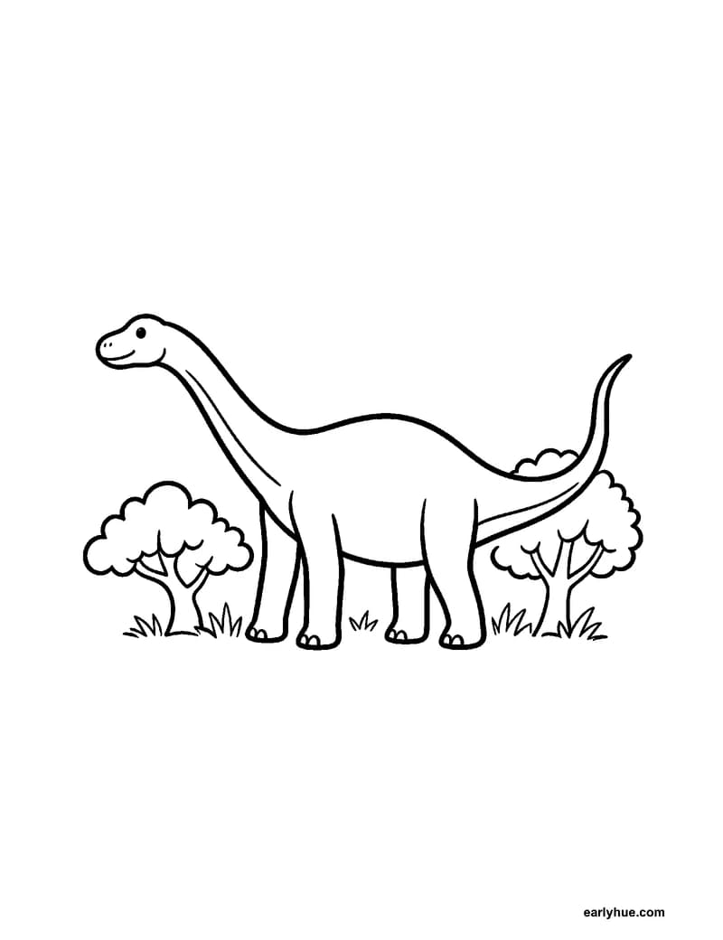 Black-and-white printable diplodocus coloring page featuring original child-friendly coloring page showing one peaceful diplodocus beside low trees with a.