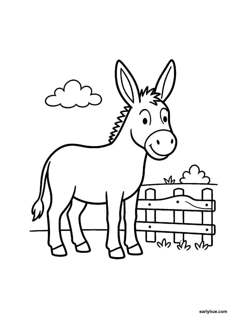 A black-and-white coloring page of a donkey that stands beside a wooden fence, with long ears and a sturdy back.