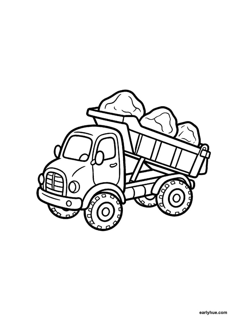 Black-and-white printable dump truck coloring page featuring original child-friendly coloring page showing one construction dump truck carrying three large.