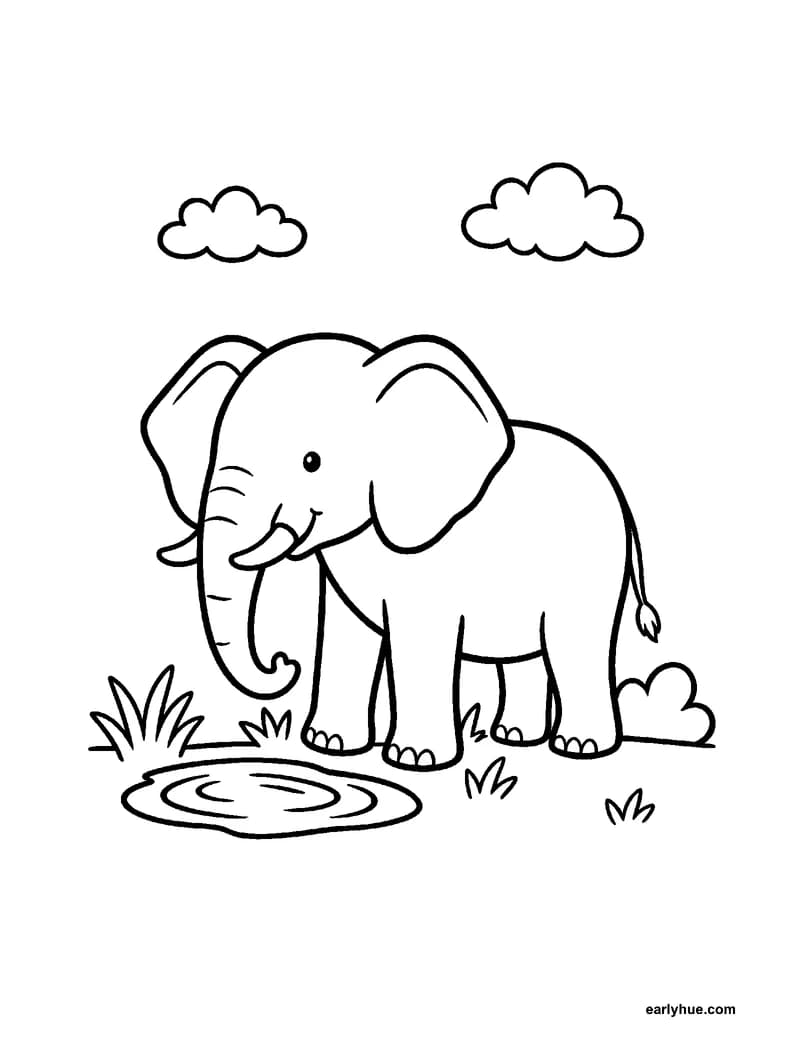 Calm elephant animal coloring page with broad ears and a curved trunk