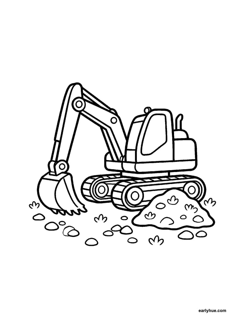 Black-and-white printable excavator coloring page featuring original child-friendly coloring page showing one construction excavator beside a small dirt pile.