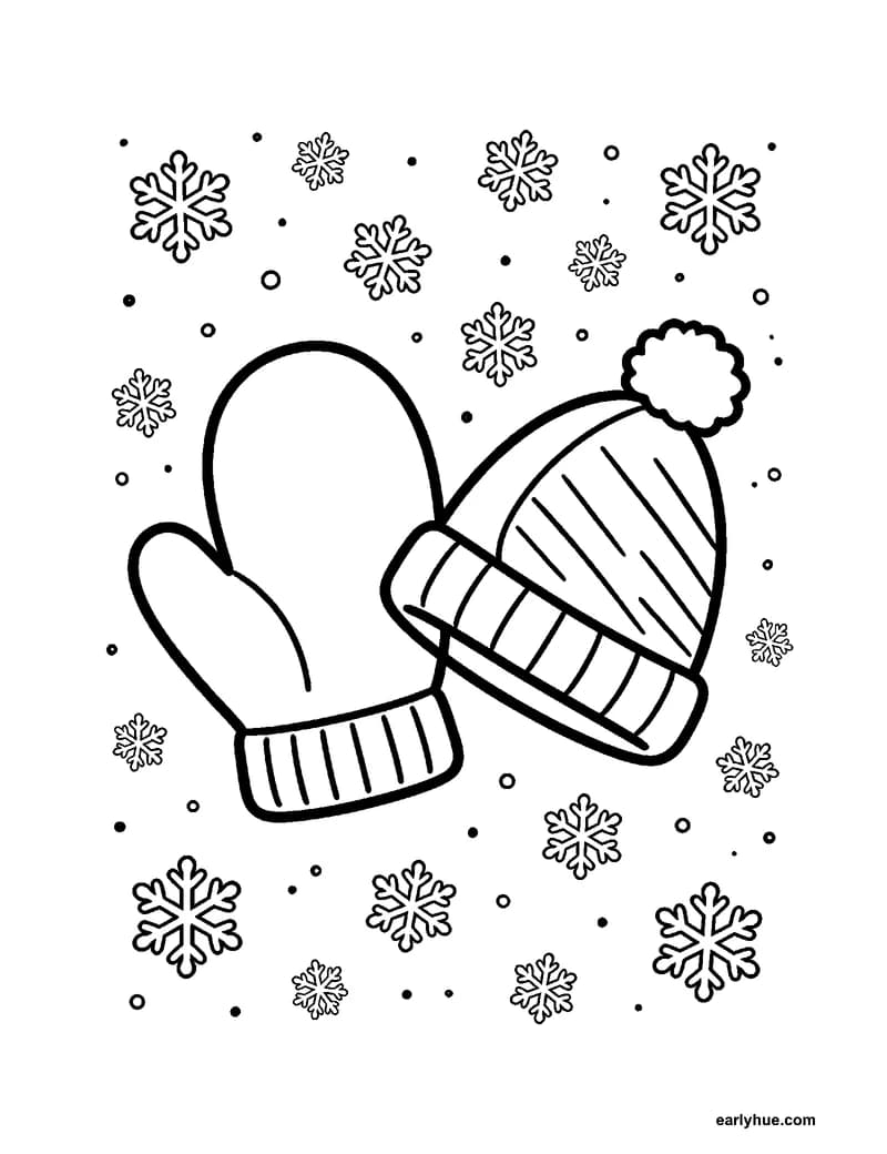 Black-and-white printable falling snow coloring page featuring original child-friendly coloring page showing large distinct snowflakes falling around one.