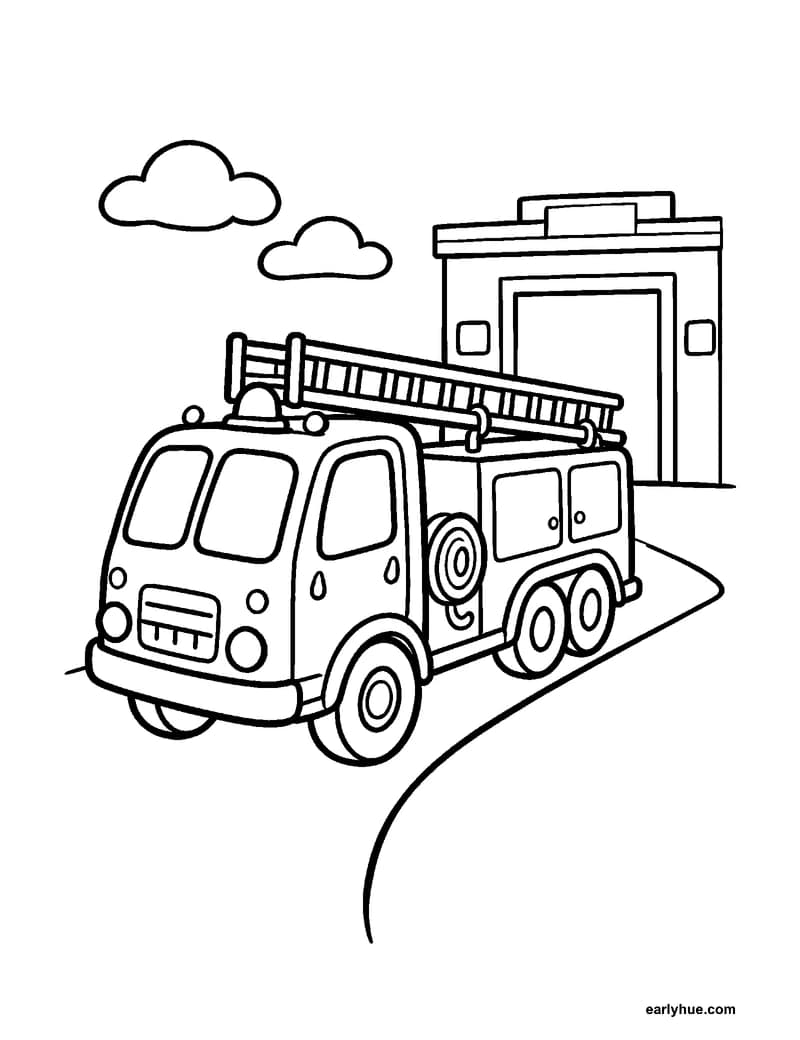 Black-and-white printable fire truck coloring page featuring one original friendly fire truck parked safely beside a fire station driveway, with a clear cab.