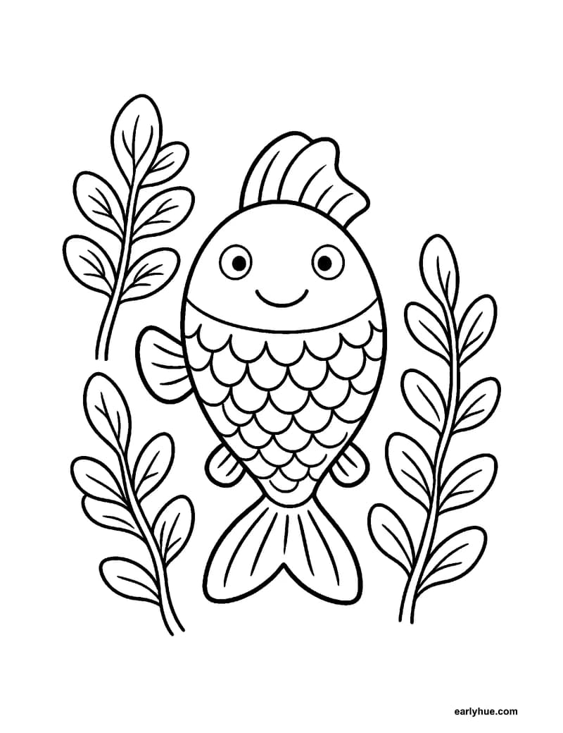 Black-and-white printable fish coloring page featuring original child-friendly coloring page showing one friendly fish swimming among three broad water plants.