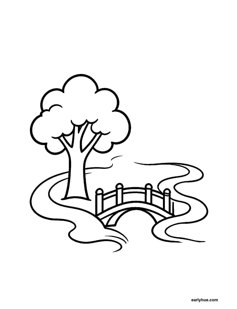 Black-and-white printable foggy morning coloring page featuring original child-friendly coloring page showing a simple tree and small bridge partly surrounded.