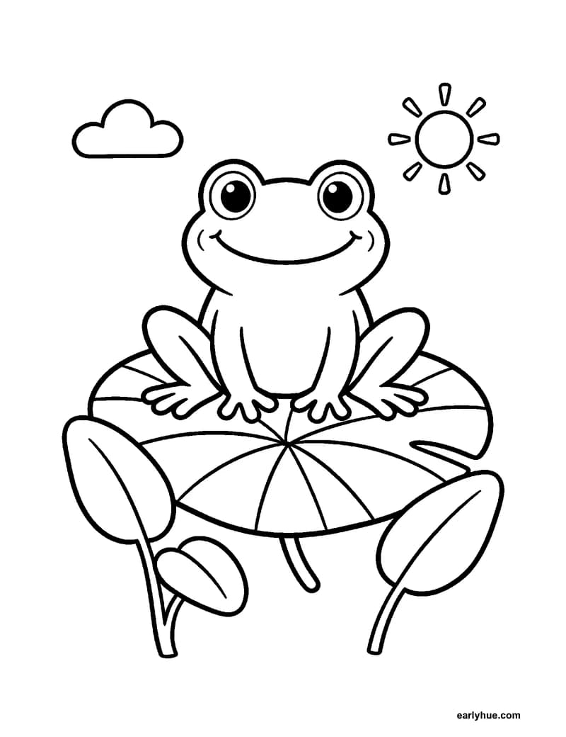 Black-and-white printable frog coloring page featuring original child-friendly coloring page showing one smiling frog sitting on a large lily pad with long.
