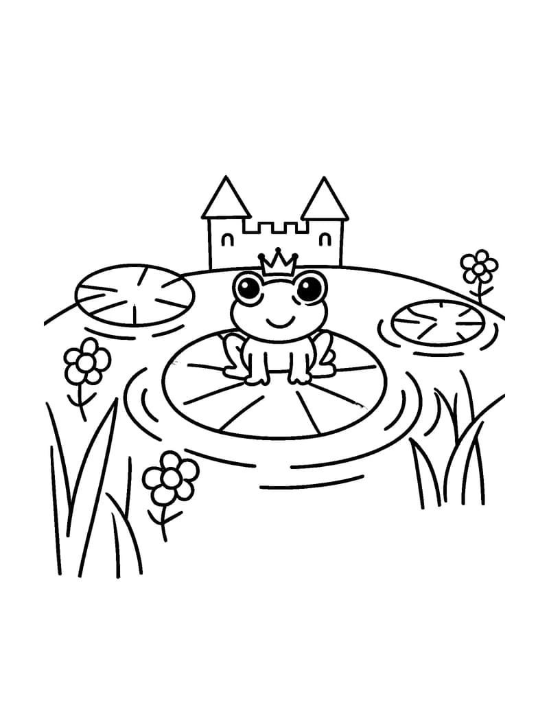 Black-and-white printable frog prince lily pond coloring page featuring original public-domain frog prince scene: one friendly frog wearing a simple small.