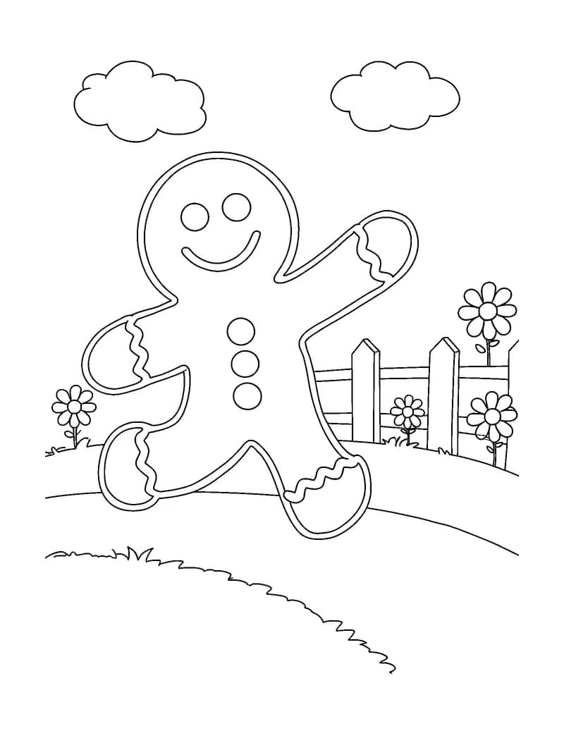 Black-and-white printable gingerbread man country path coloring page featuring original public-domain gingerbread man scene: one smiling gingerbread character.