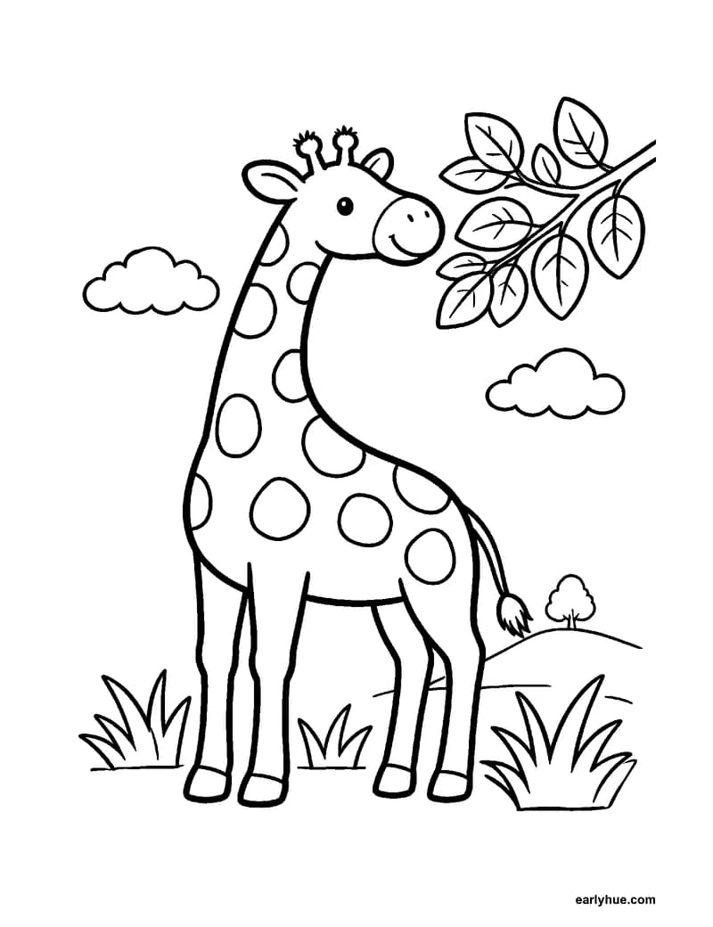 Tall giraffe animal coloring page with a long neck and simple spots