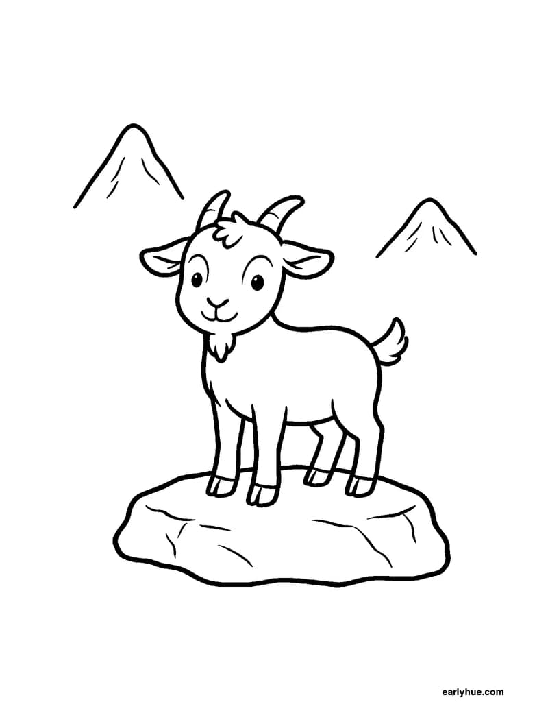 Black-and-white printable goat coloring page featuring original child-friendly coloring page showing one young goat standing on a broad rock with short horns.