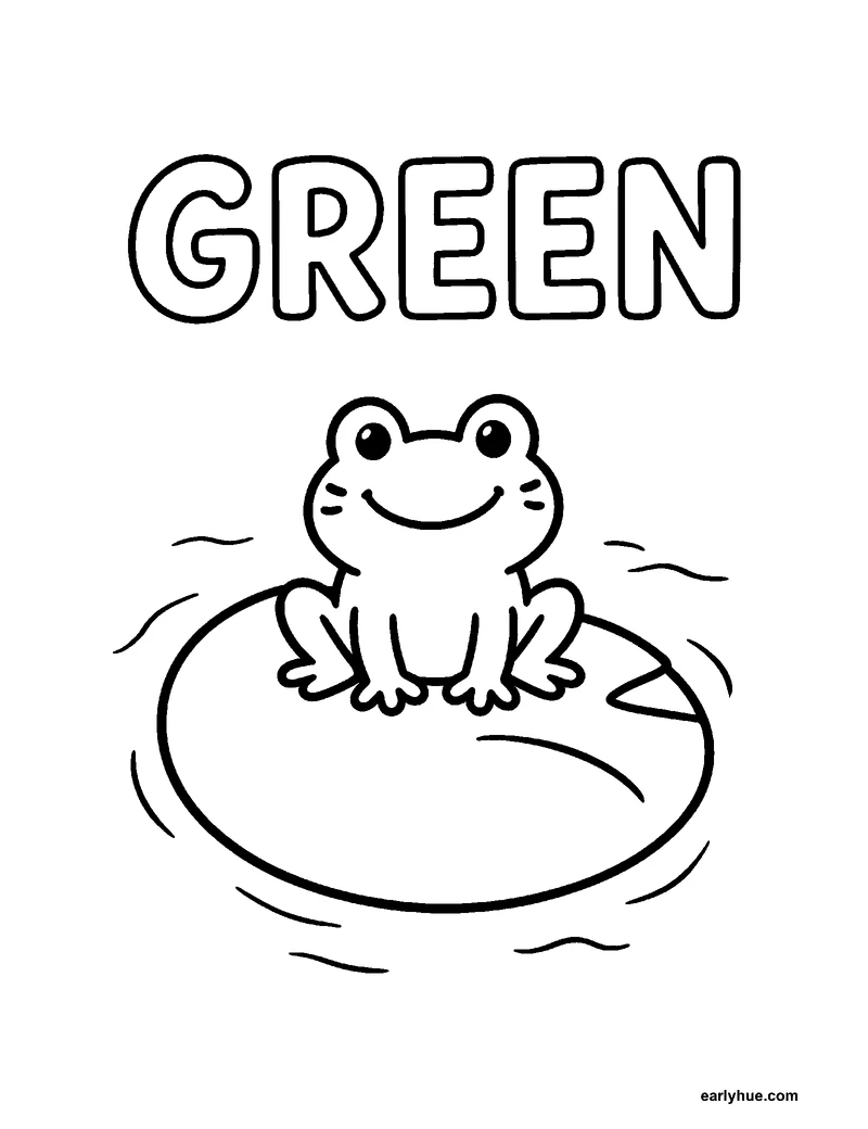 Black-and-white printable green coloring page featuring original child-friendly coloring page showing one large hollow uppercase word green beside one sitting.