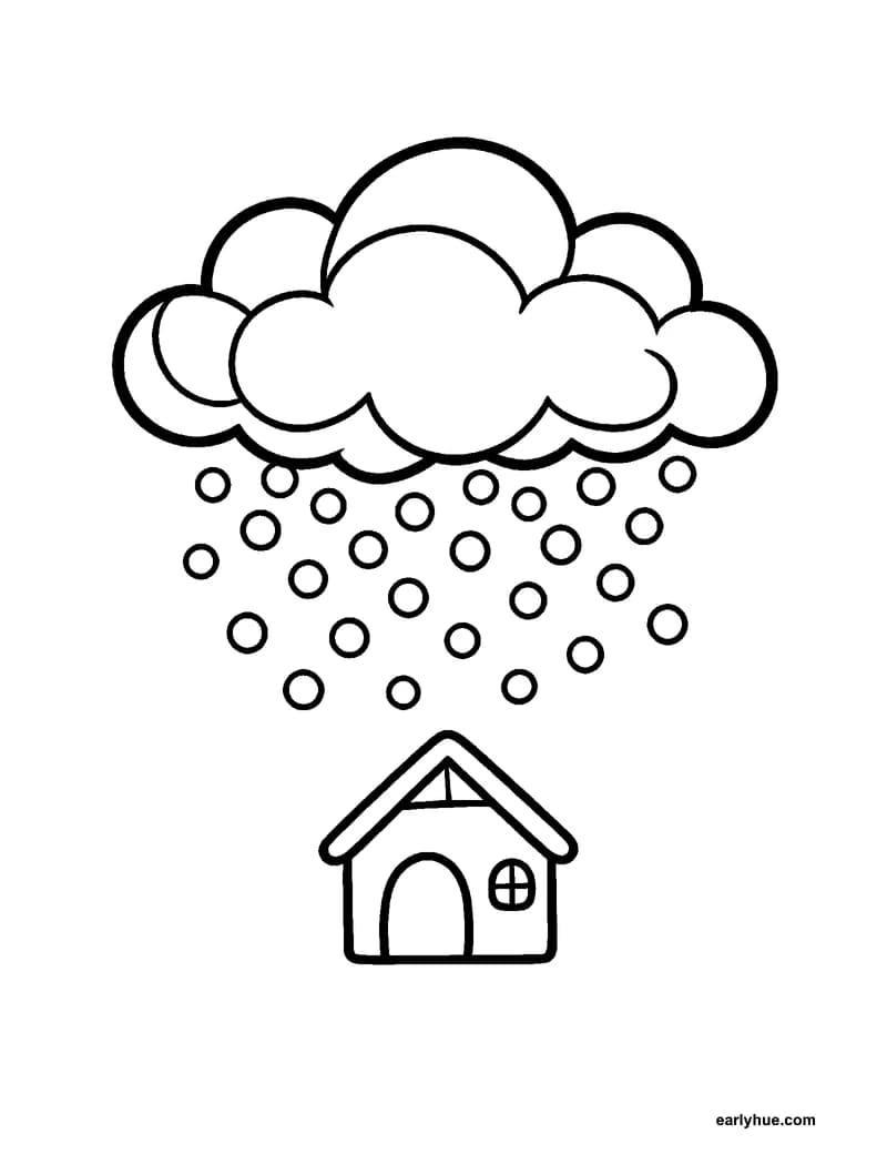 Black-and-white printable hailstorm cloud coloring page featuring original child-friendly coloring page showing one broad storm cloud releasing clearly.