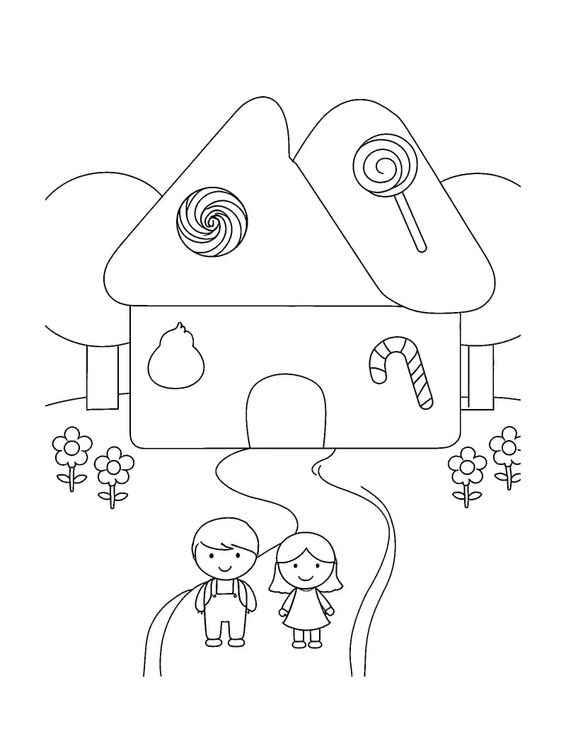 Black-and-white printable hansel and gretel gingerbread cottage coloring page featuring original public-domain hansel and gretel scene: two young children.