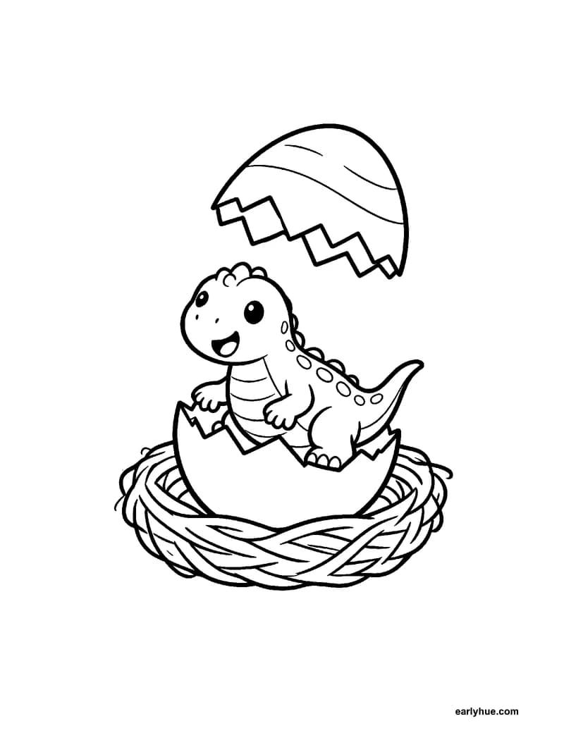 Black-and-white printable hatching dinosaur coloring page featuring original child-friendly coloring page showing one original baby dinosaur emerging from one.