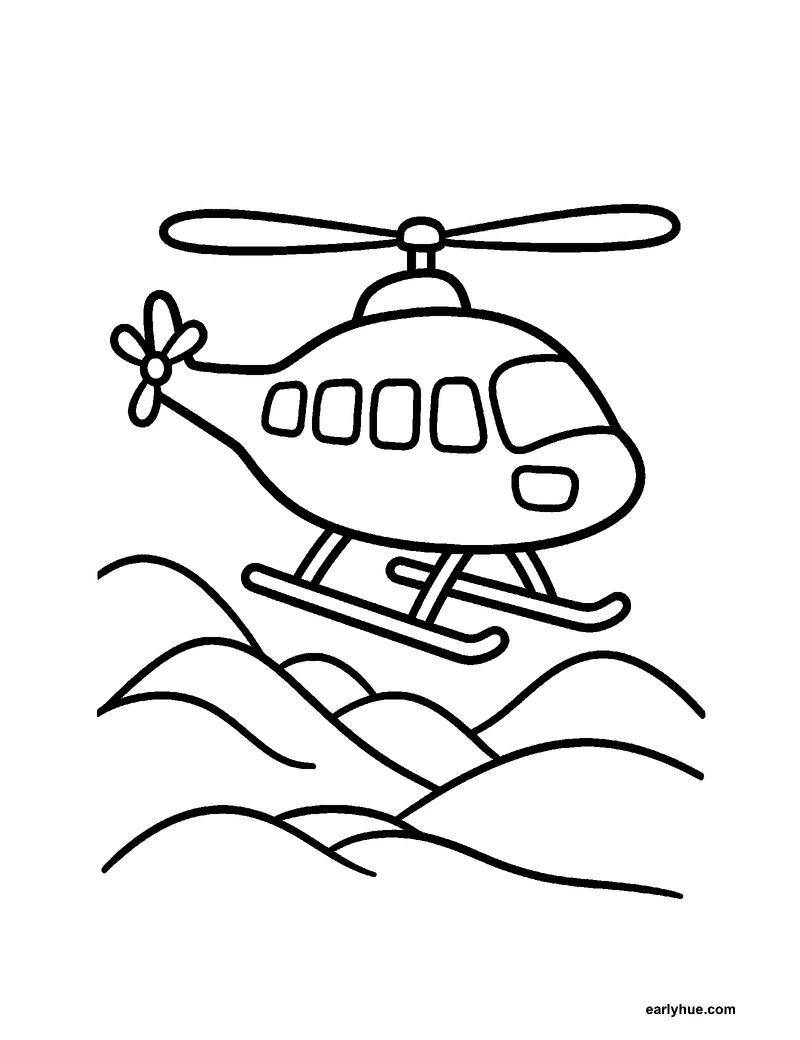 Black-and-white printable helicopter coloring page featuring original child-friendly coloring page showing one original civilian helicopter flying above low.