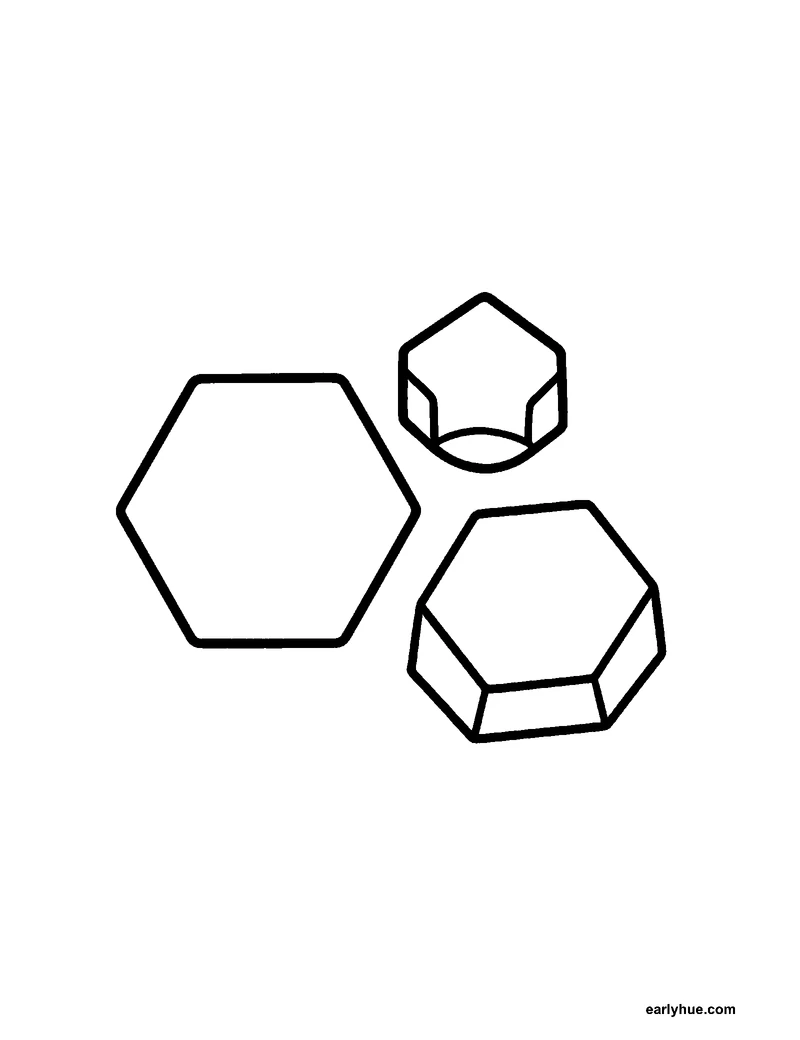 Black-and-white printable hexagon coloring page featuring original child-friendly coloring page showing one large regular hexagon beside a honeycomb cell and.