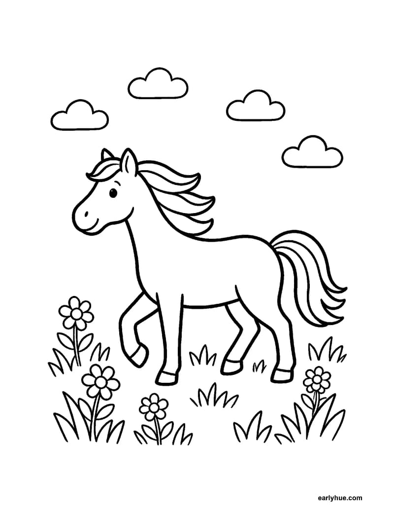 Black-and-white printable horse coloring page featuring original child-friendly coloring page showing one calm horse walking through a meadow with a flowing.