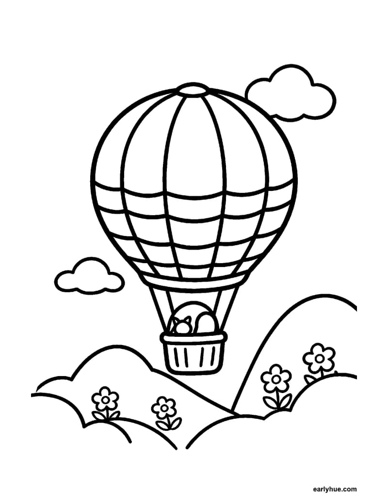 Black-and-white printable hot air balloon coloring page featuring original child-friendly coloring page showing one large hot-air balloon floating above.