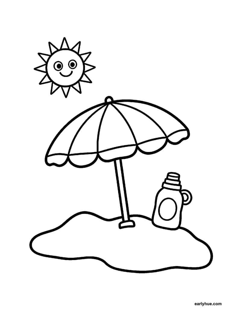 Black-and-white printable hot sunny day coloring page featuring original child-friendly coloring page showing one bright sun over a beach umbrella with a.