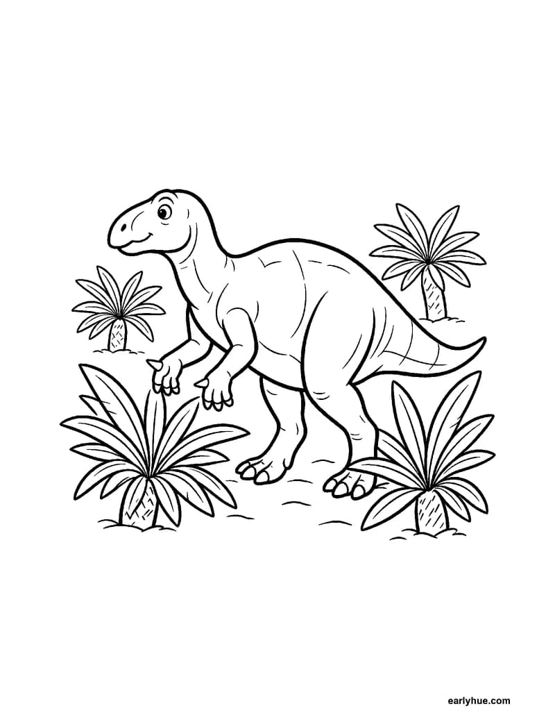 Black-and-white printable iguanodon coloring page featuring original child-friendly coloring page showing one gentle iguanodon walking among cycads with a.