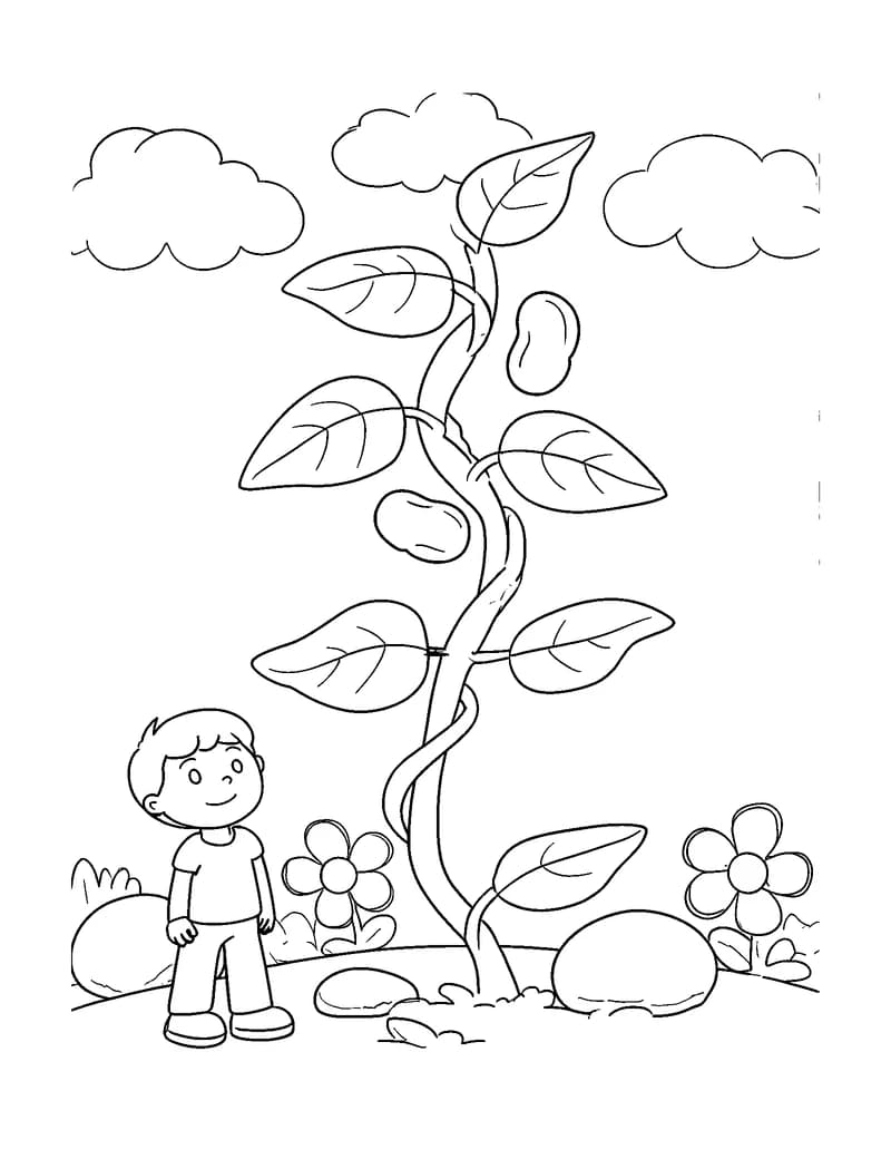 Black-and-white printable jack and the beanstalk clouds coloring page featuring original public-domain jack and the beanstalk scene: a young child looks up at.