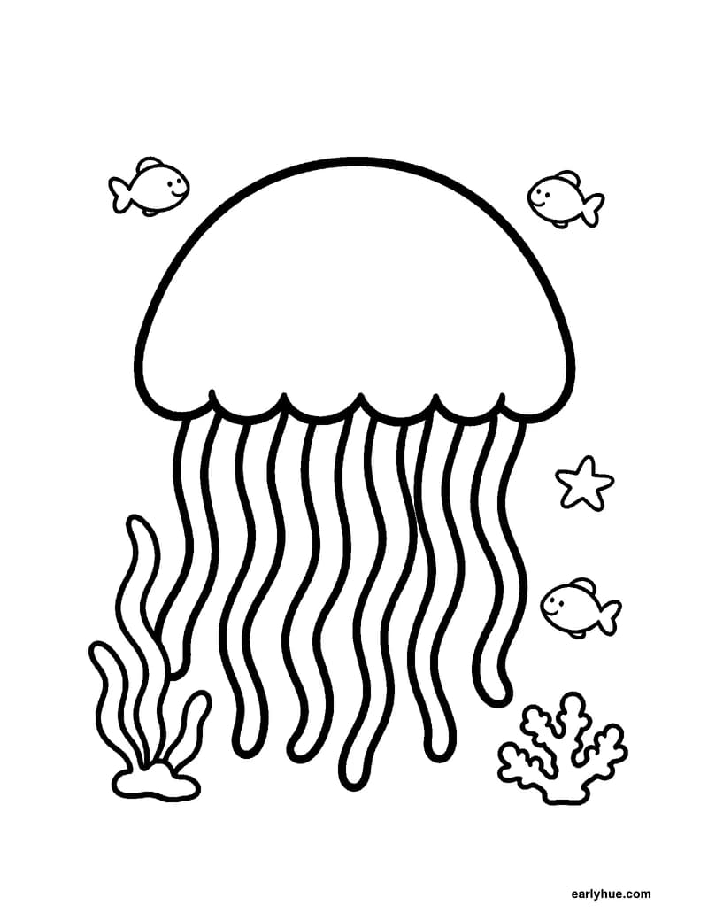 A black-and-white coloring page of a jellyfish that floats with a smooth round bell and six long flowing tentacles.