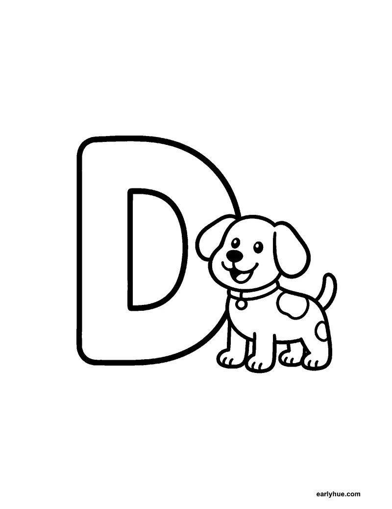 Black-and-white printable letter d coloring page featuring original child-friendly coloring page showing one large correctly formed hollow uppercase letter d.