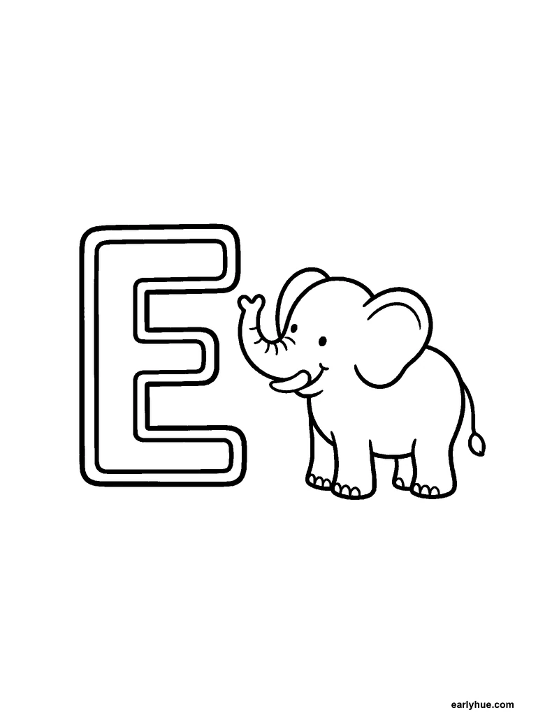 Black-and-white printable letter e coloring page featuring original child-friendly coloring page showing one large correctly formed hollow uppercase letter e.